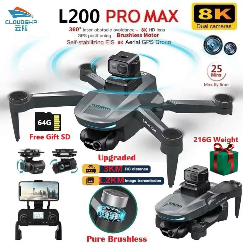 Original L200 PRO/MAX Drone GPS 8K Gimbal Camera With 360° Laser Obstacle Avoidance Brushless Motor 5G WIFI RC FPV Transmission Quadcopter Mini Drones less than 250g image